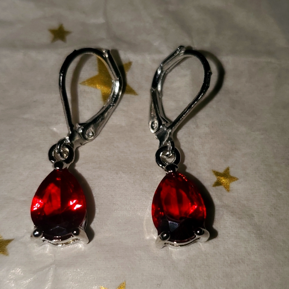 Simulated Ruby Red  Drop Earrings in Sterling Silver
